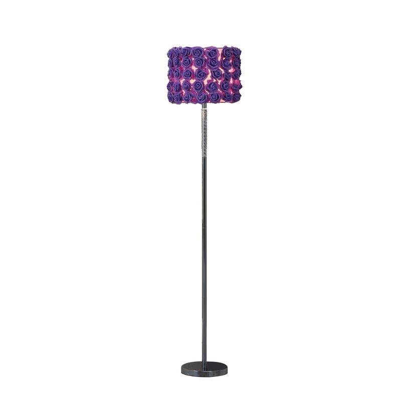 Steel And Acrylic Floor Lamp With Flowers Fabric Drum Shade - Silver Purple