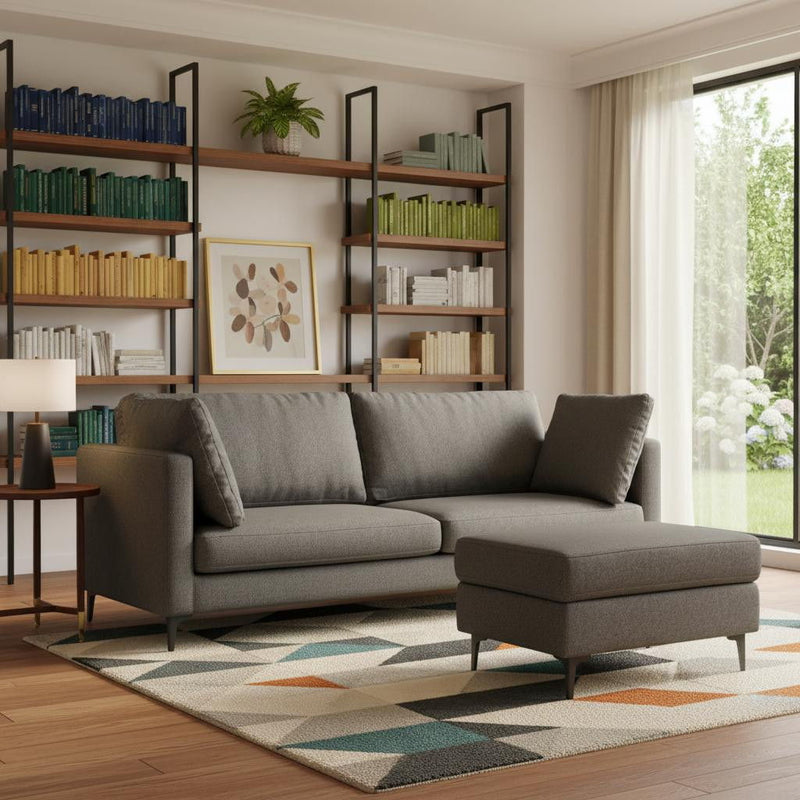 90" 2 Piece Living Room Set Fabric Sofa With Ottoman With Black Legs - Gray
