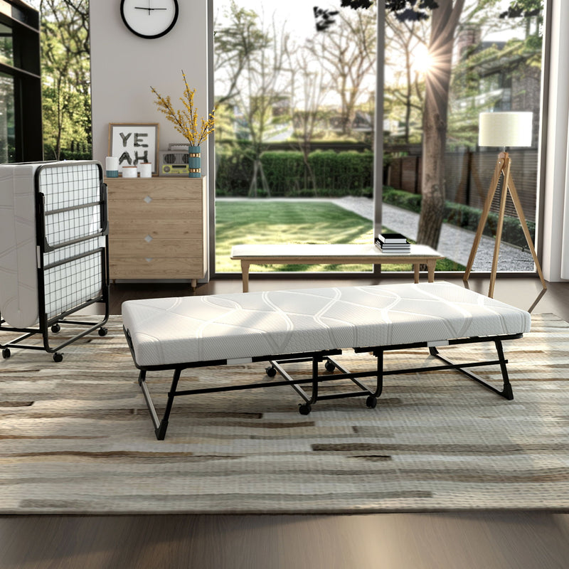 Folding Rollaway Bed With 4" Twin Mattress - White