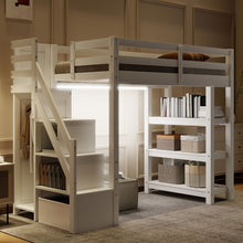 Load image into Gallery viewer, Loft Bed With 4 Layer Shelves, Storage Staircase, Small Wardrobe And LED Light
