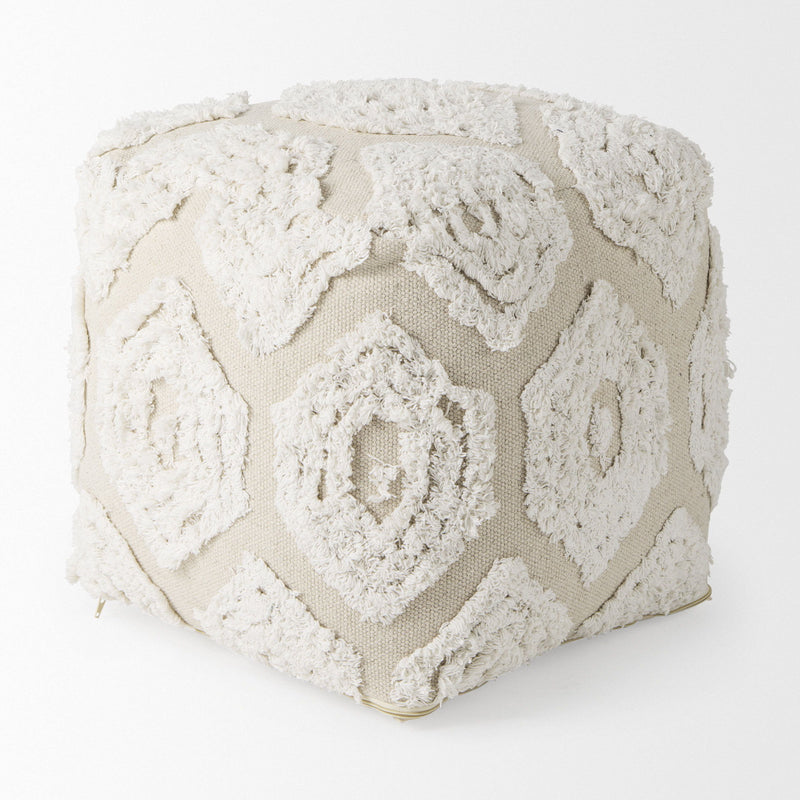 Fabric Geometric Round Pouf Ottoman - Cream / Beige