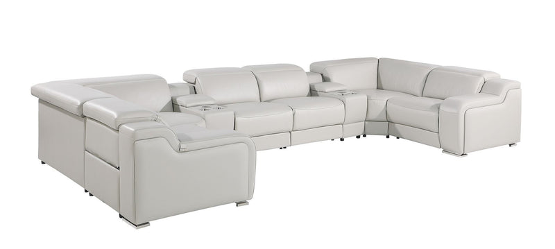 Italian Leather Power Reclining U-Shaped Eight Piece Corner Sectional With Console - Light Gray