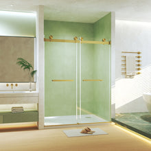 Load image into Gallery viewer, Frameless Double Sliding Shower Door, Tempered Glass, Explosion Proof Film, Square Tube Track - Brushed Gold
