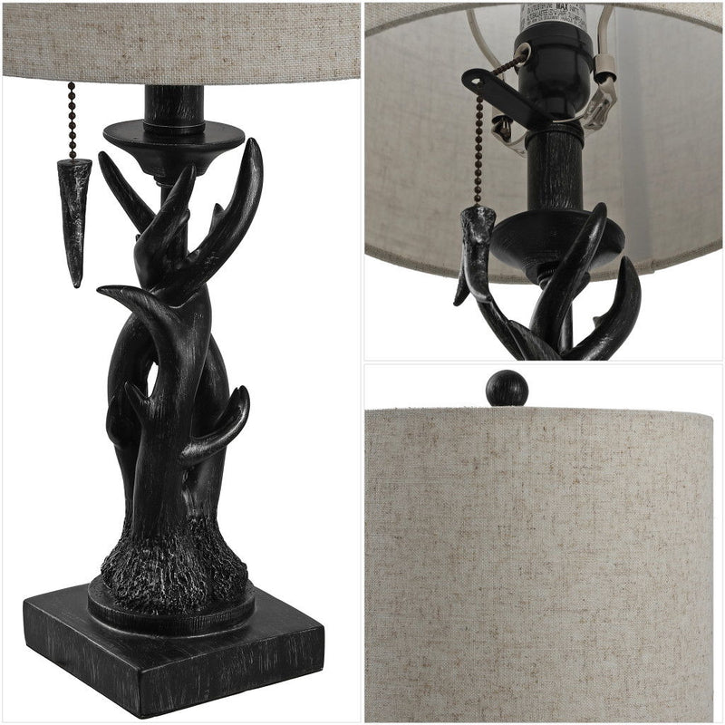 Antlers Table Lamp With Drum Shade - Black