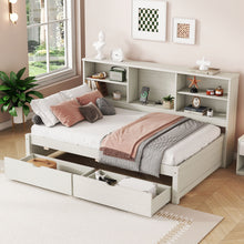Load image into Gallery viewer, Bed Frame With Side Bookshelves, 2 Drawers, And Built In USB Port
