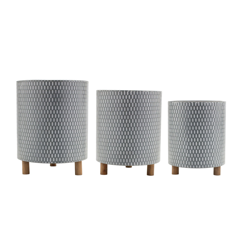 Geometric Round Pot Planters (Set of 3) - Blue / White / Gray