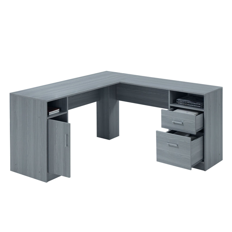 L Shape Computer Desk With Two Drawers - Gray