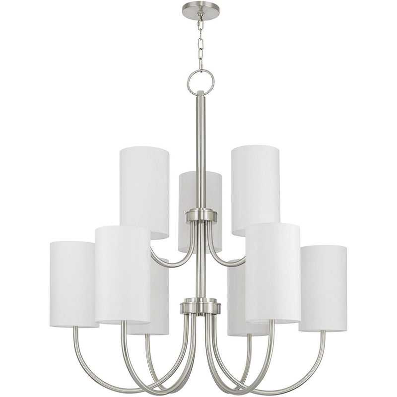 49" Nine Light Metal Dimmable Chandelier With Shades - Nickel / Off White