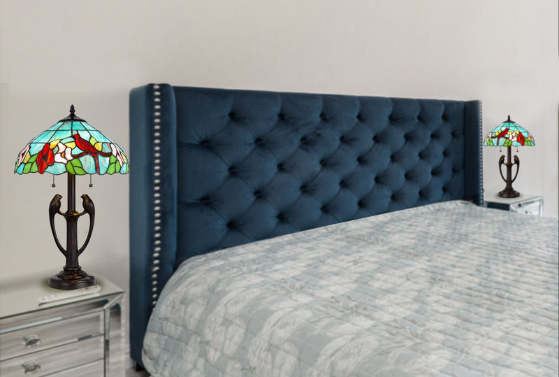 Two Light Tiffany Table Lamp With Aqua And Red Floral Shade - Bronze