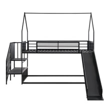 Load image into Gallery viewer, Twin Size Metal Bunk Bed House Bed with Slide and Staircase, Black
