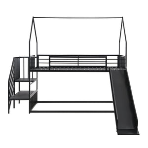 Twin Size Metal Bunk Bed House Bed with Slide and Staircase, Black