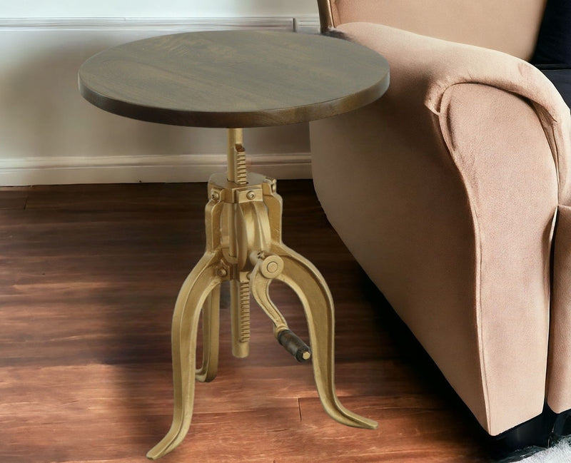 Solid Wood And Iron Height Adjustable Round End Table - Brass