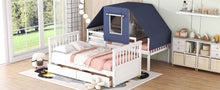 Load image into Gallery viewer, Twin Over Twin Bunk Bed Wood Bed with Tent and Drawers, White+Blue Tent
