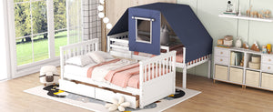 Twin Over Twin Bunk Bed Wood Bed with Tent and Drawers, White+Blue Tent