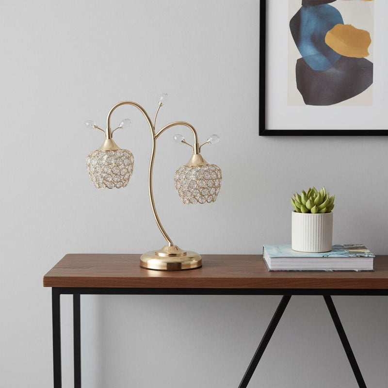 Two Light Bedside Table Lamp With Clear Novelty Shade - Gold