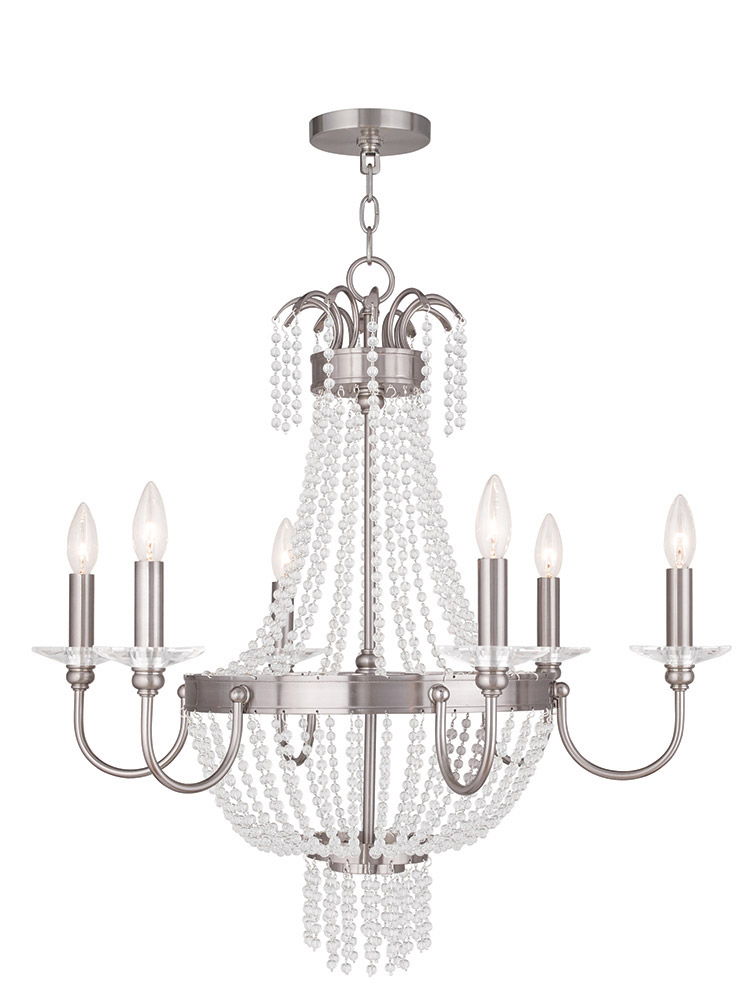 28" Six Light Metal Dimmable Chandelier With Shades - Nickel / Clear