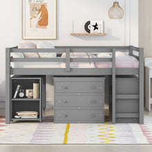 Load image into Gallery viewer, Low Study Full Loft Bed with Cabinet ,Shelves and Rolling Portable Desk ,Multiple Functions Bed- Gray
