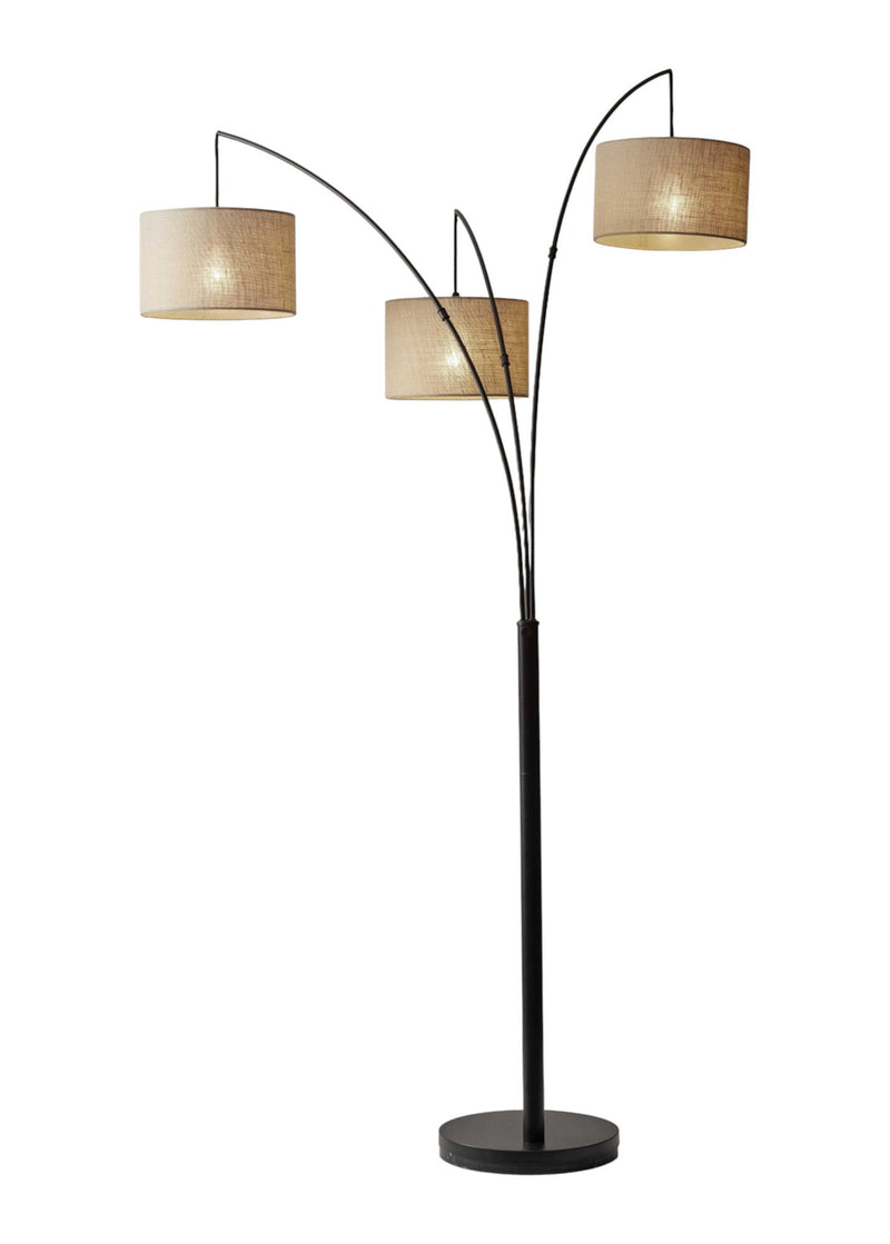 Metal Three Light Tree Floor Lamp With Beige Fabric Drum Shades - Antiqued Black / Bronze
