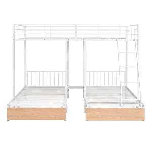 Full Over Twin & Twin Bunk Bed, Metal Triple Bunk Bed with Drawers and Guardrails, White