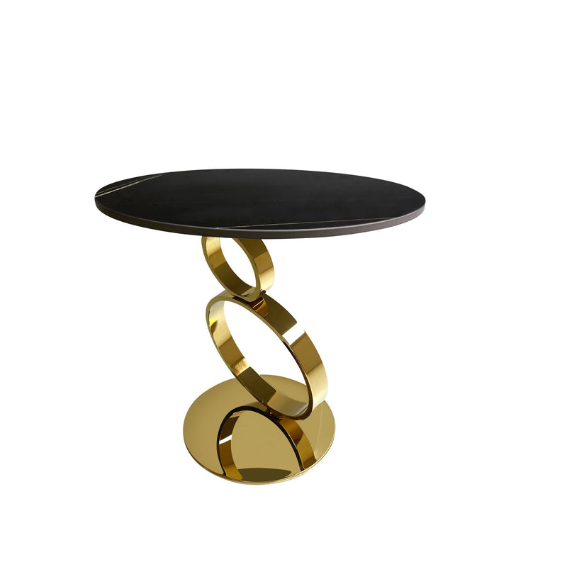21" Stone And Stainless Steel Round Pedestal End Table - Black And Gold