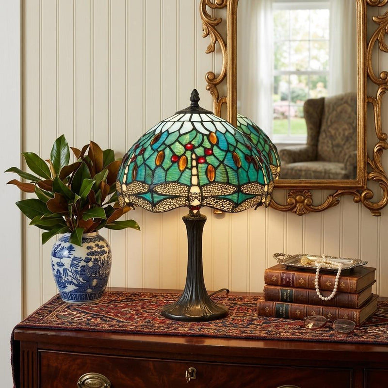 Dragonfly Round Animals Tiffany Lamp With Dome Shade - Bronze
