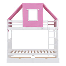 Load image into Gallery viewer, Twin Over Twin Bunk Bed Wood Bed with Tent and Drawers, White+Pink Tent
