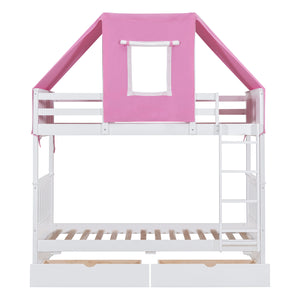 Twin Over Twin Bunk Bed Wood Bed with Tent and Drawers, White+Pink Tent