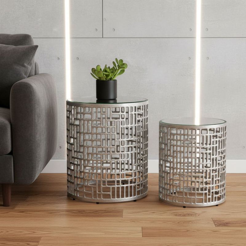 Mirrored Glass Aluminum Round Pedestal End Table - Silver
