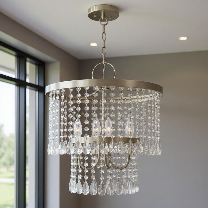20" Four Light Dimmable Chandelier With Shades - Nickel / Pearl Silver