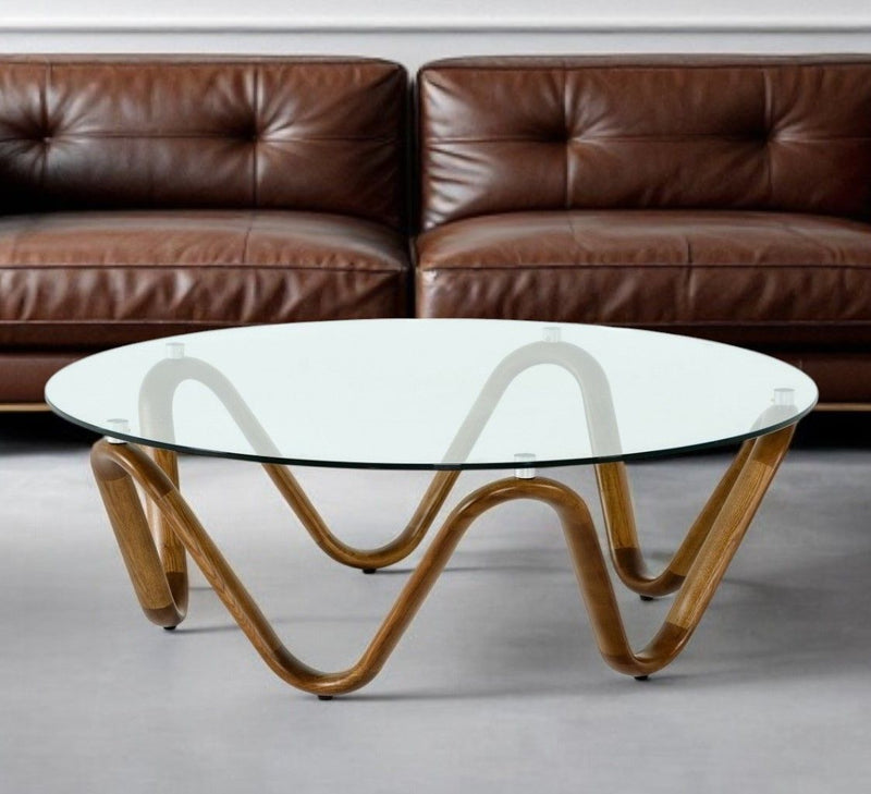 45" Glass And Solid Wood Round Coffee Table - Clear And Brown
