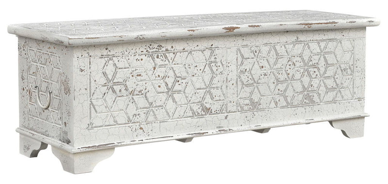 Solid Wood Geometric Storage Ottoman - White / Rustic
