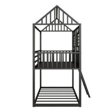 Load image into Gallery viewer, Twin over Twin Size Metal Low Bunk Beds with Roof and Fence-shaped Guardrail, Black
