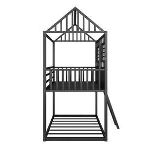 Twin over Twin Size Metal Low Bunk Beds with Roof and Fence-shaped Guardrail, Black