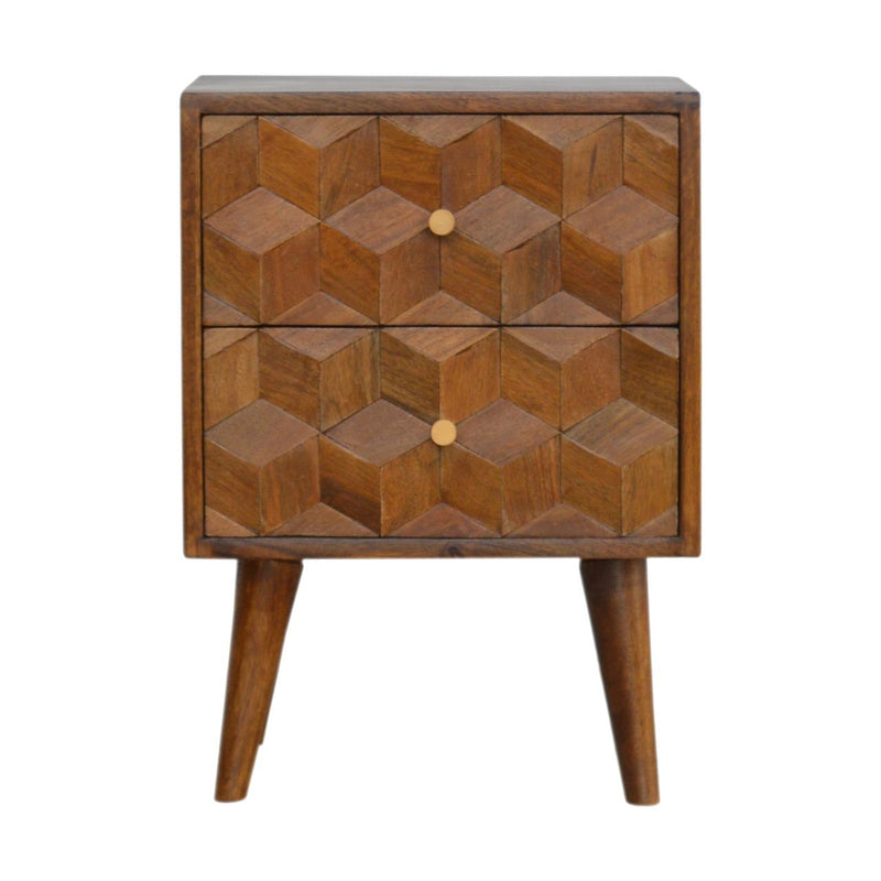 22" Solid Wood Carved Geometric Two Drawer Nightstand - Chestnut