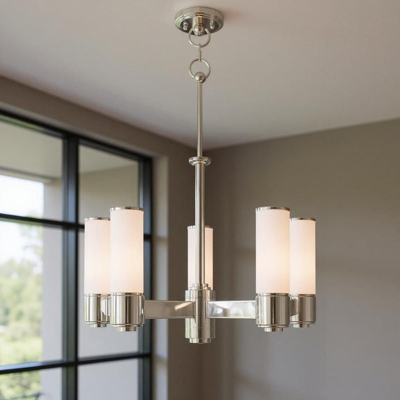 20'' Five-Light Dimmable Chandelier With Shades - Nickel / Pearl Silver