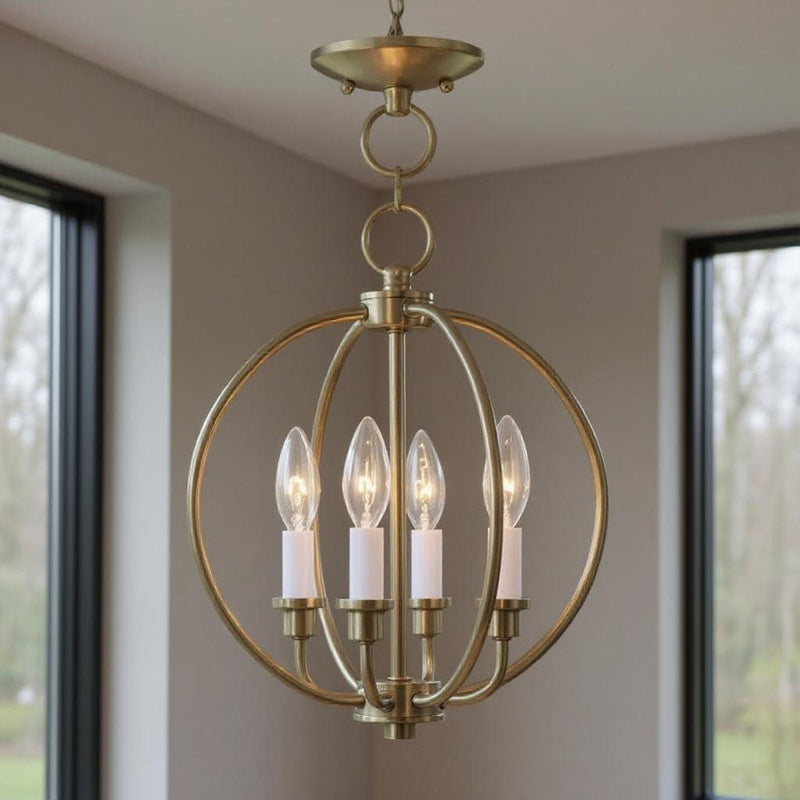 Four Light Metal Dimmable Chandelier With Shades - Brass / White