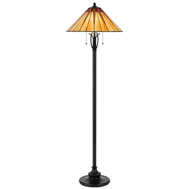 Two Light Traditional Shaped Floor Lamp With Red And Ivory Abstract Tiffany Glass Empire Shade - Bronze