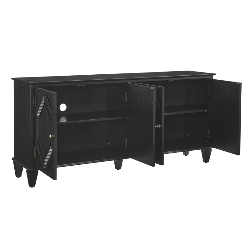 Wood Carved Geometric Accent Cabinet With Four Doors - Black