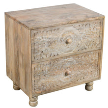 Load image into Gallery viewer, 24" Two Drawer Distressed Carved Floral Solid Wood Nightstand - Natural
