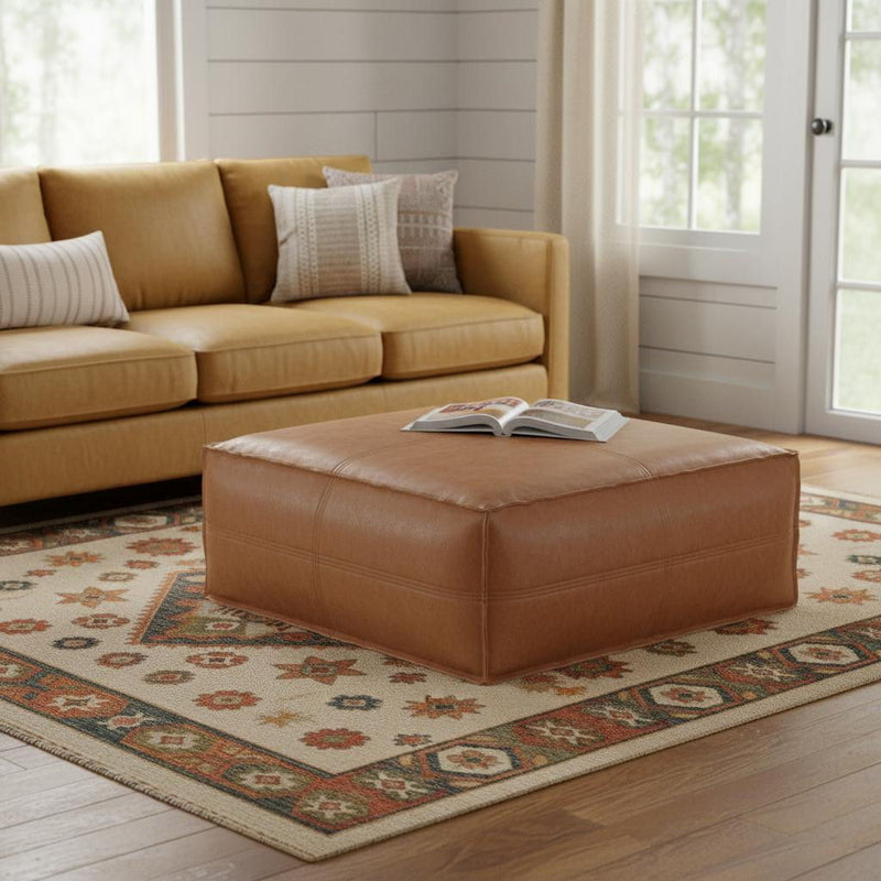 36" Faux Leather Pouf Ottoman - Brown