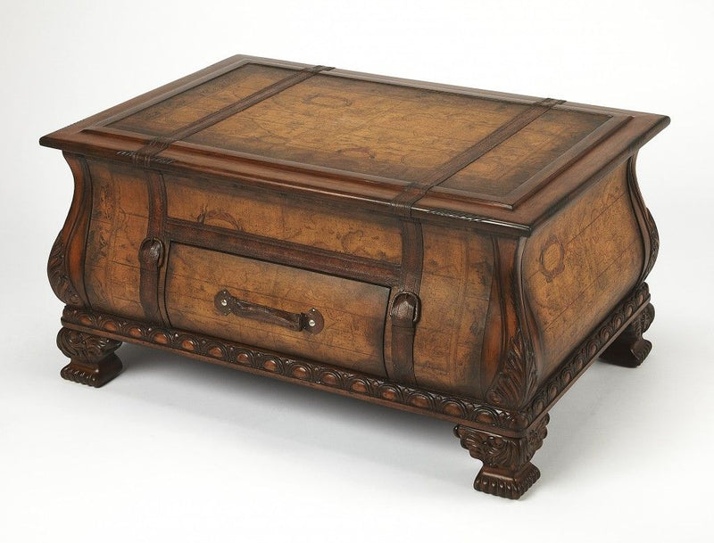 Old World Vintage Style Map Bombe Coffee Table - Light Brown