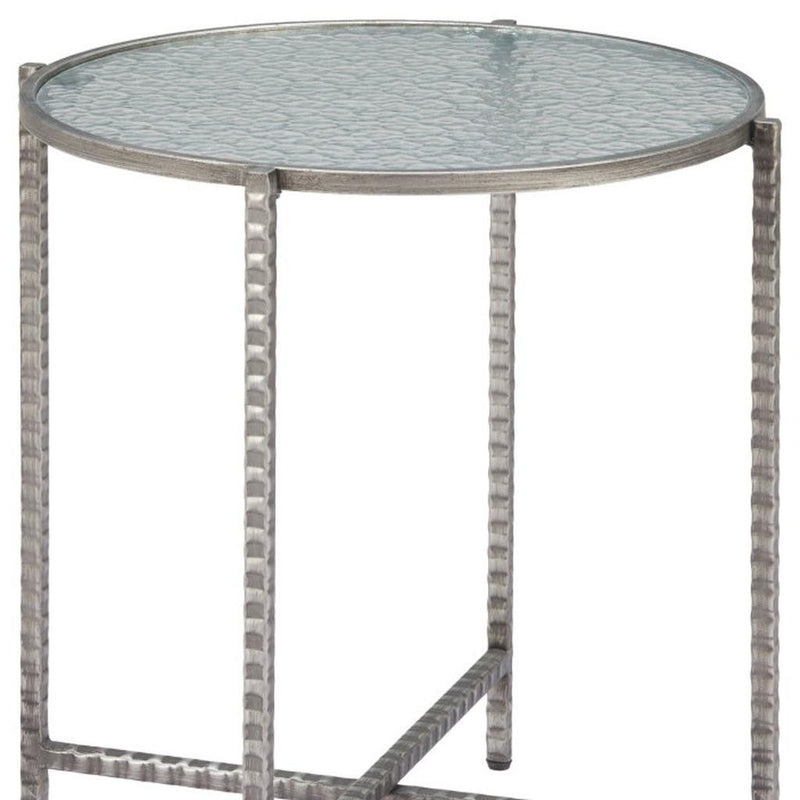 22" Clear And Glass And Distressed Steel Round End Table - Silver
