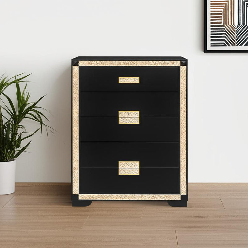 48" Faux Crystal Bling Wood Six Drawer Dresser - Black And Gold