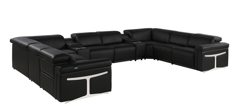 Italian Leather Power Reclining U Shaped Ten Piece Corner Sectional With Console - Black