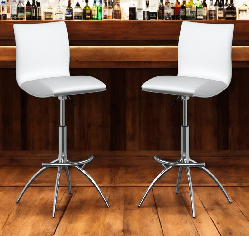 Faux Leather And Metal Low Back Adjustable Height Bar Chairs (Set of 2) - White And Silver