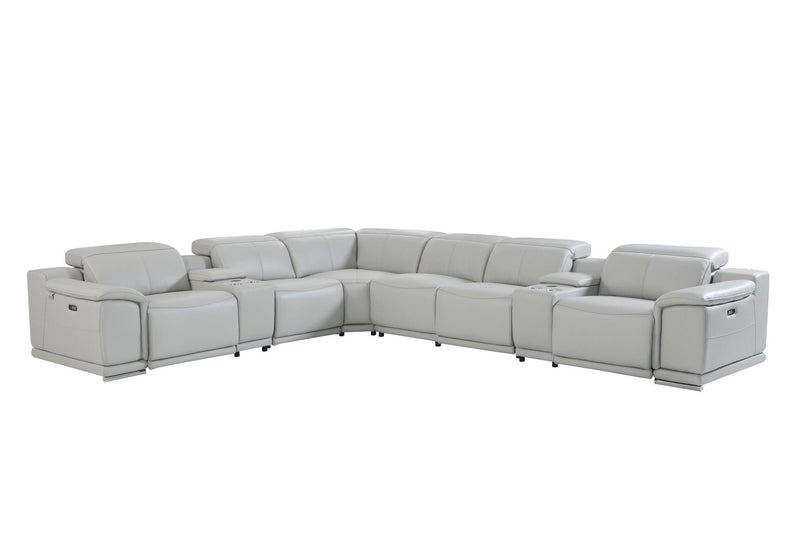 Italian Leather Power Reclining Eight Piece Corner Sectional With Console - Light Gray