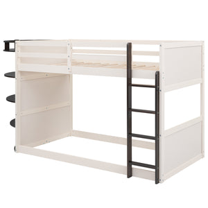 Twin over Twin Boat-Like Shape Bunk Bed with Storage Shelves, Cream+Espresso