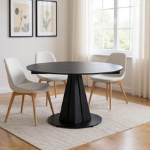 Load image into Gallery viewer, 51" Stone And Metal Self-Storing Leaf Pedestal Base Round Top Extendable Dining Table - Black
