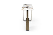 Load image into Gallery viewer, Ceramic Tile Metal Double Pedestal Console Table - White / Bronze
