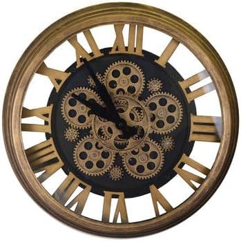 Silent Skeleton Exposed Gear Round Wall Clock (626339) - Antiqued Gold / Black